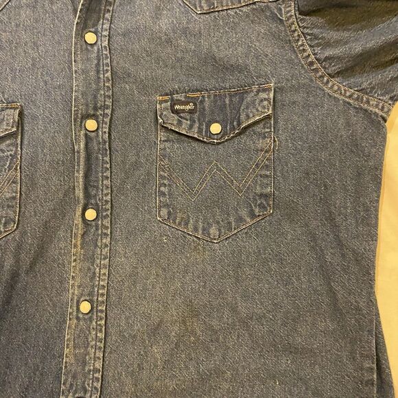 Wrangler Mens Extra Long Tails Denim Shirt Sz 16.5-34 Pearl Snap Made In USA - Picture 6 of 9
